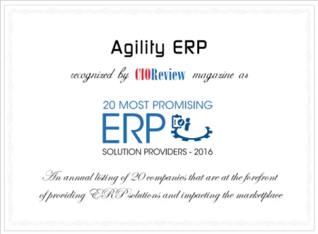 Award certificate showing that Agility ERP was recognized by CIOReview magazine as one of the 20 most promising ERP solution providers in 2016.